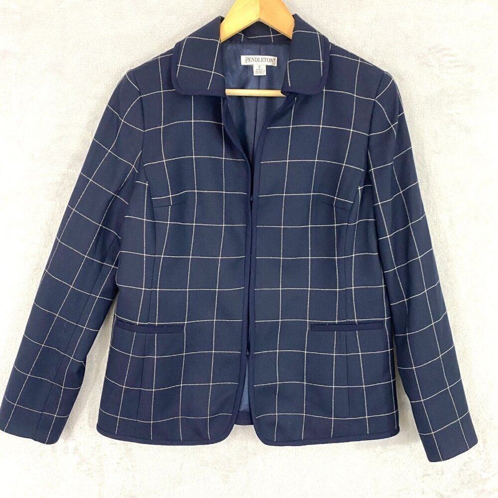 Pendleton Virgin Wool Blazer Womens Sz 8 Windowpane Plaid Hook Latch Suit Jacket